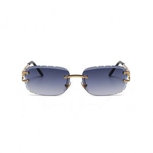 Mens Hand Carved Gold Frame Rimless Purple Tint Diamond Cut Luxury Sunglasses